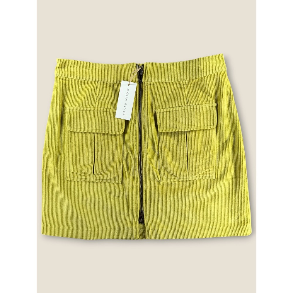 Moon River Chartreuse Yellow Corduroy Zip Front Cargo Mini Skirt NWT Size L